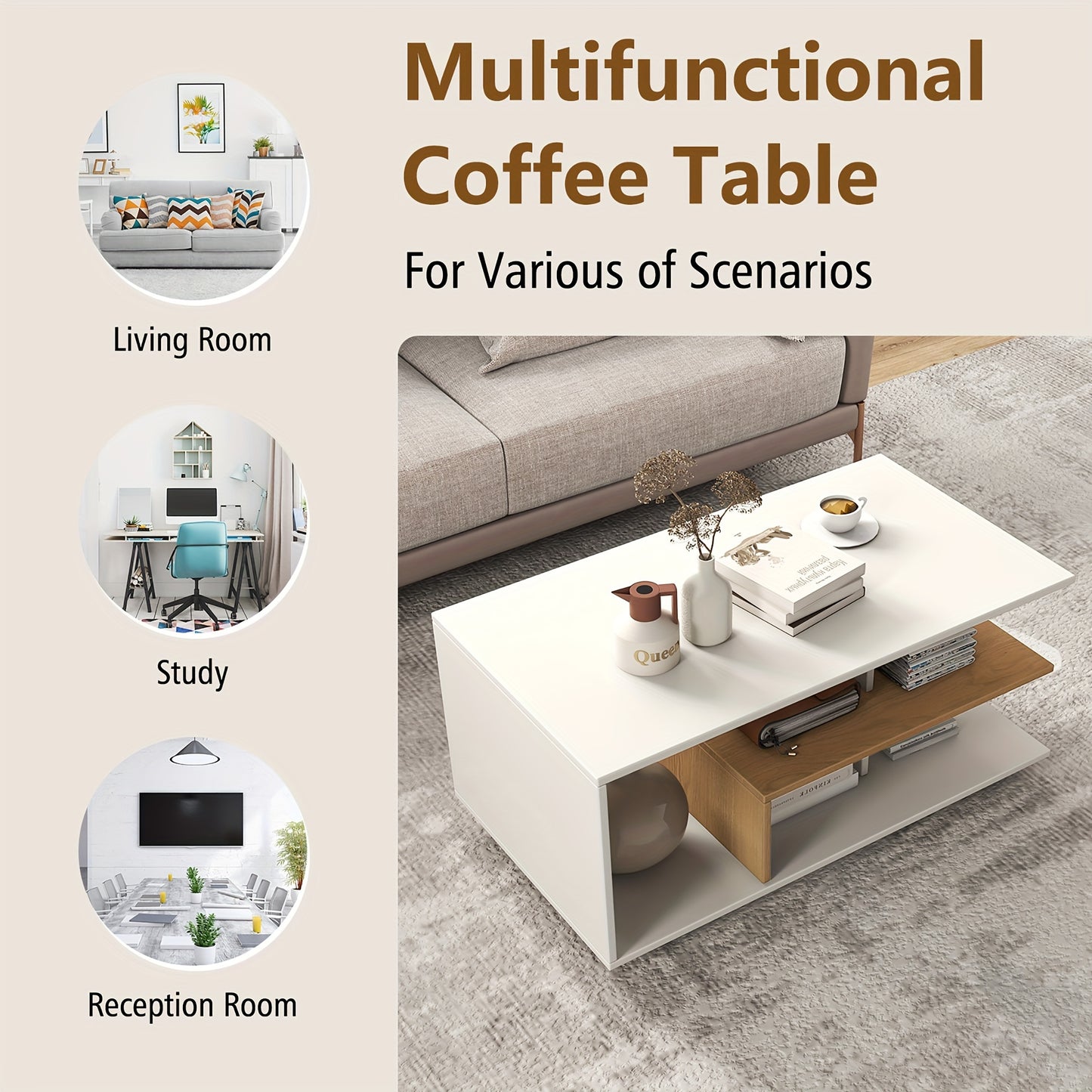 Geometric Coffee Table with Storage Shelves