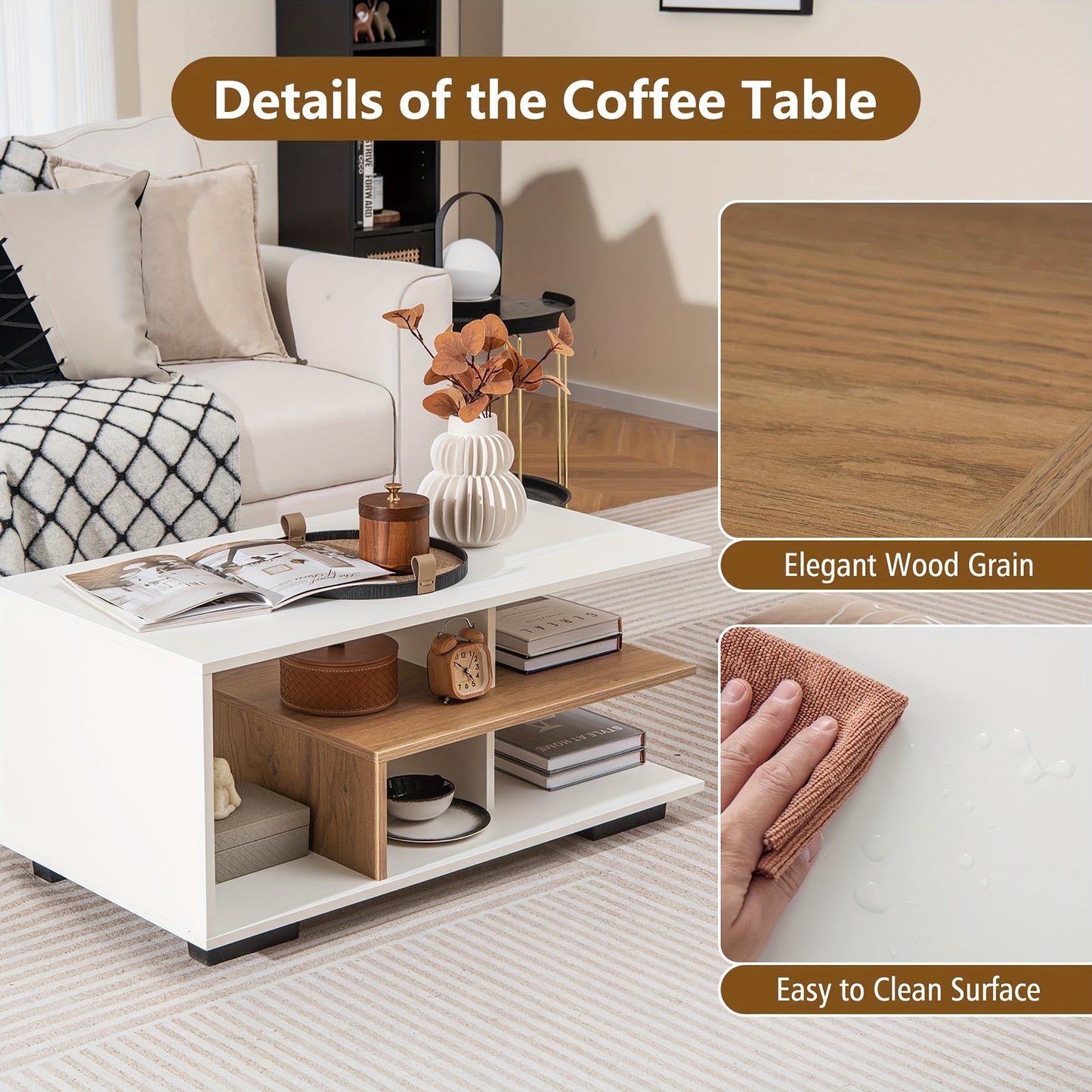 Geometric Coffee Table with Storage Shelves