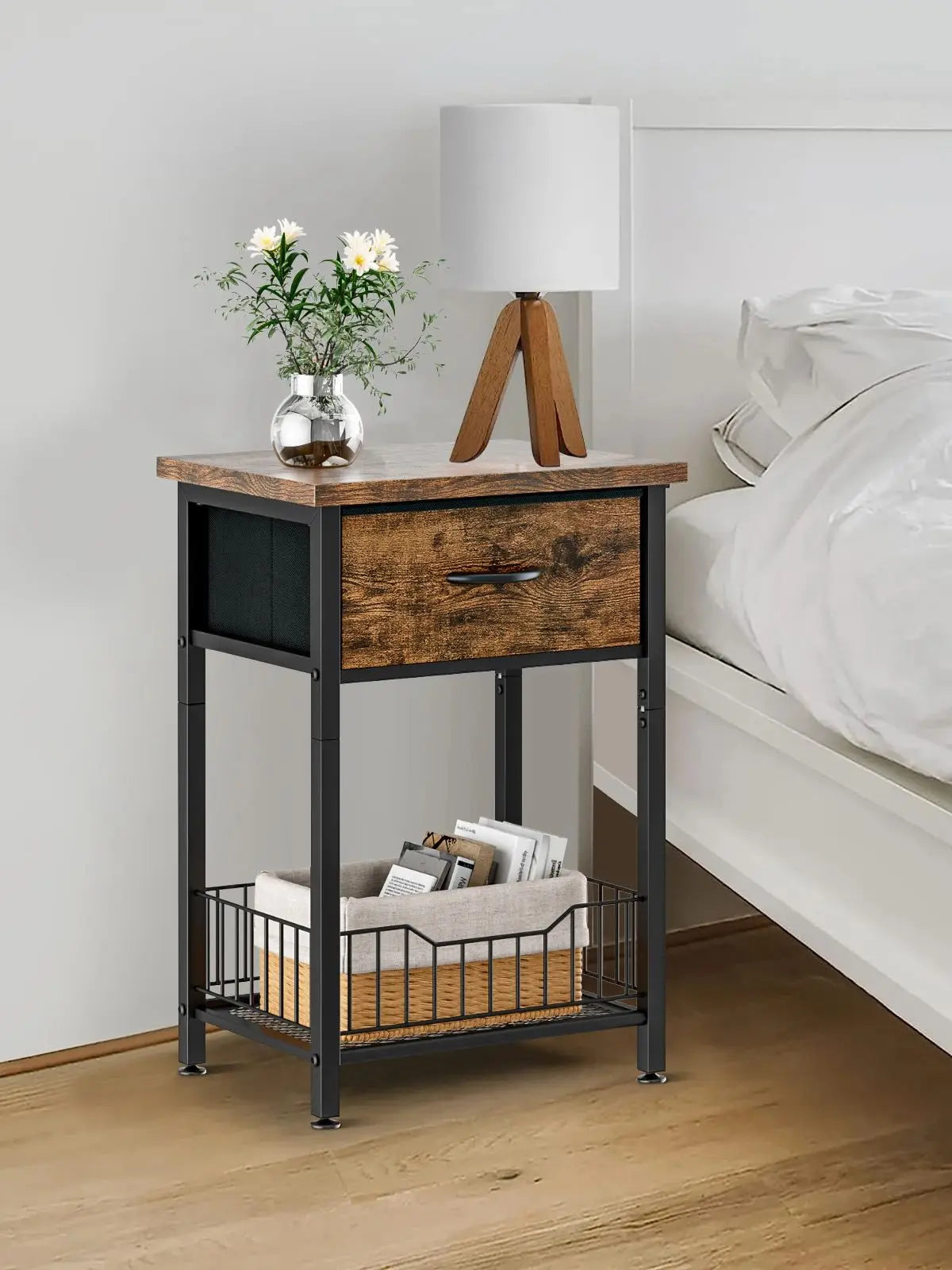 Bedside Table with Adjustable Fabric Drawer – 3-Tier Nightstand