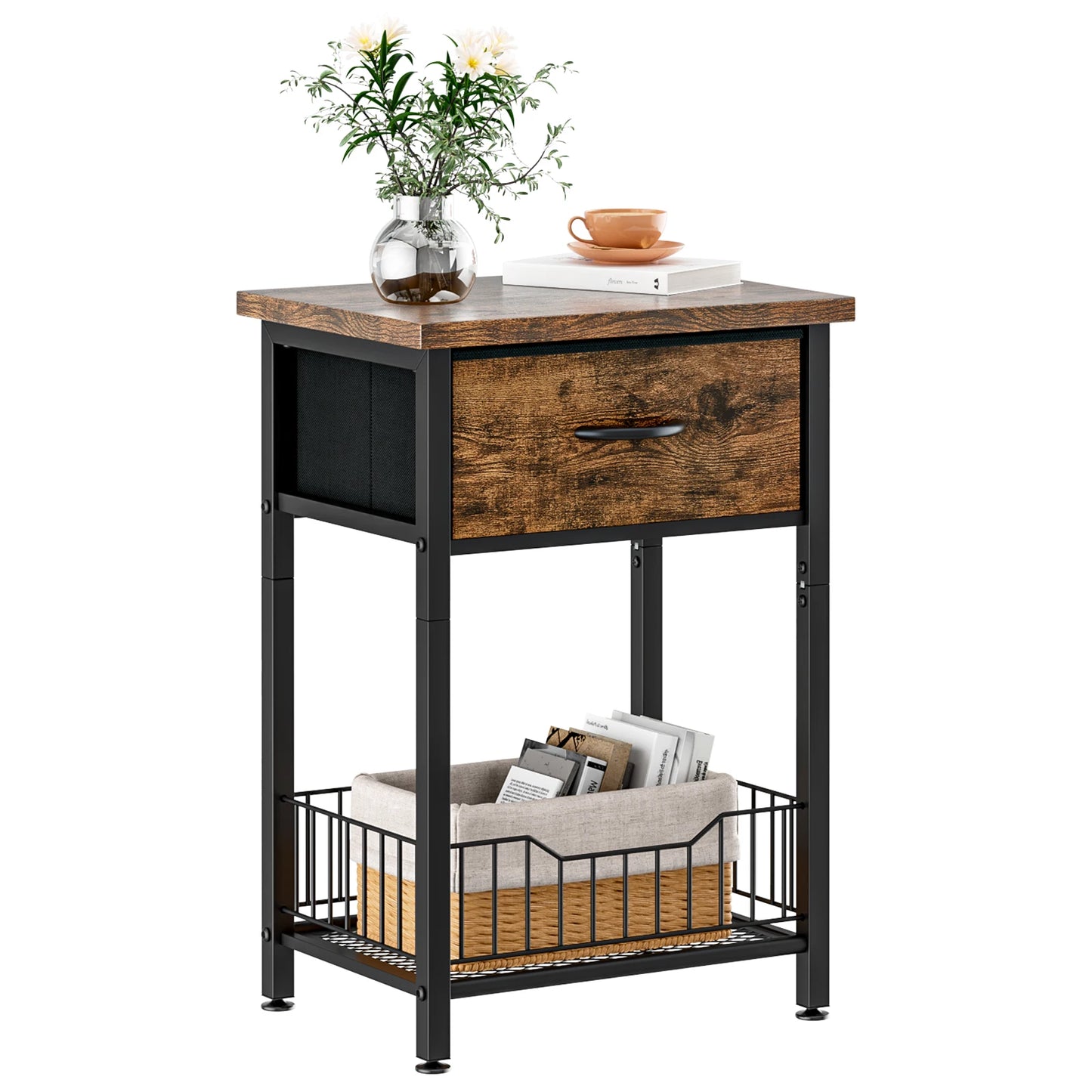 Bedside Table with Adjustable Fabric Drawer – 3-Tier Nightstand