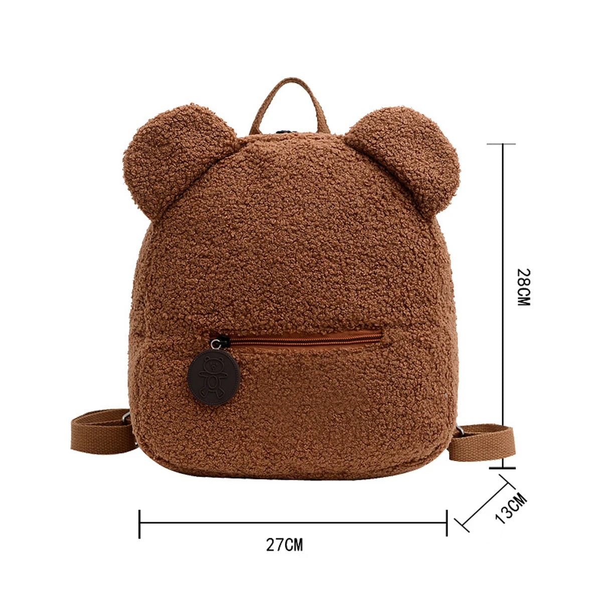 Brown teddy bear-shaped backpack with measurements on a white background