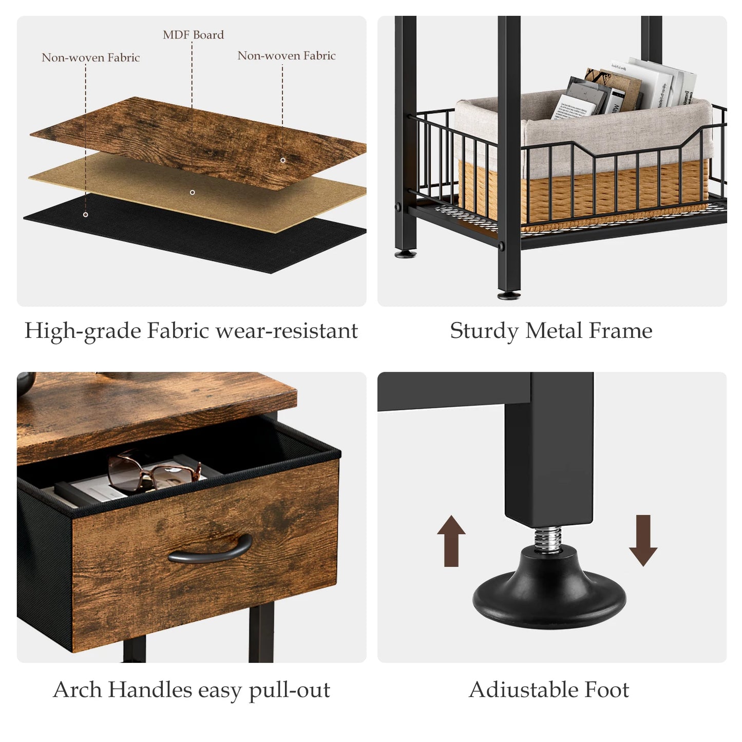 Bedside Table with Adjustable Fabric Drawer – 3-Tier Nightstand