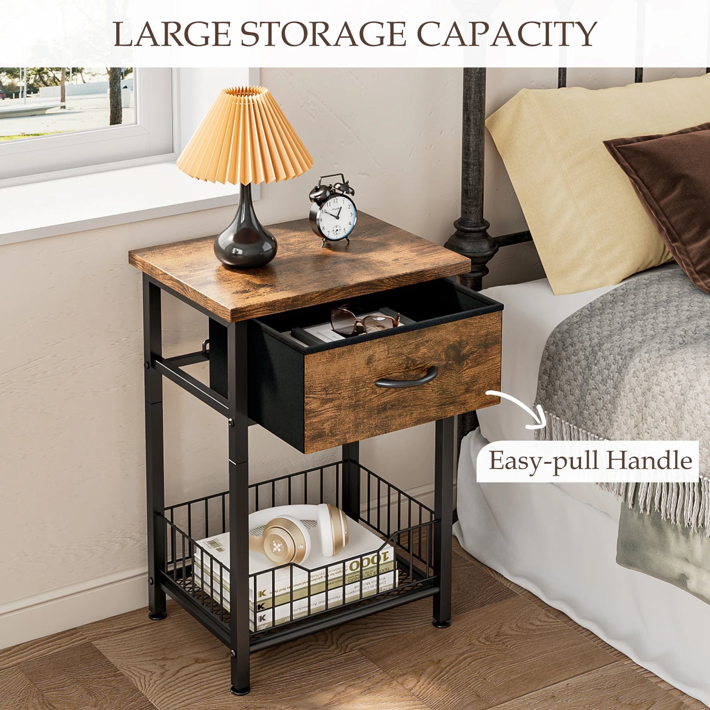 Bedside Table with Adjustable Fabric Drawer – 3-Tier Nightstand
