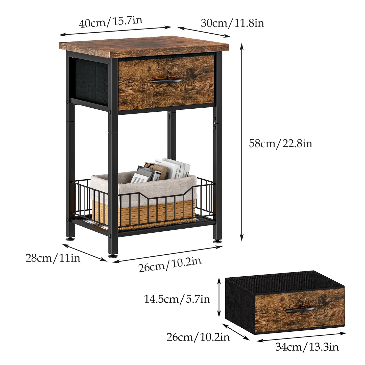 Bedside Table with Adjustable Fabric Drawer – 3-Tier Nightstand