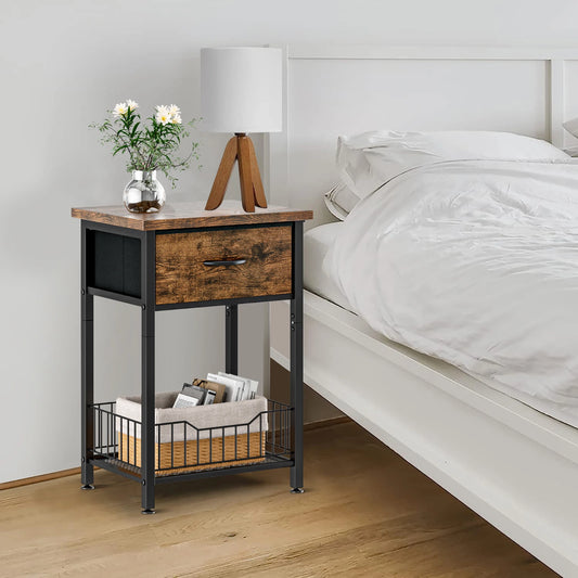 Bedside Table with Adjustable Fabric Drawer – 3-Tier Nightstand