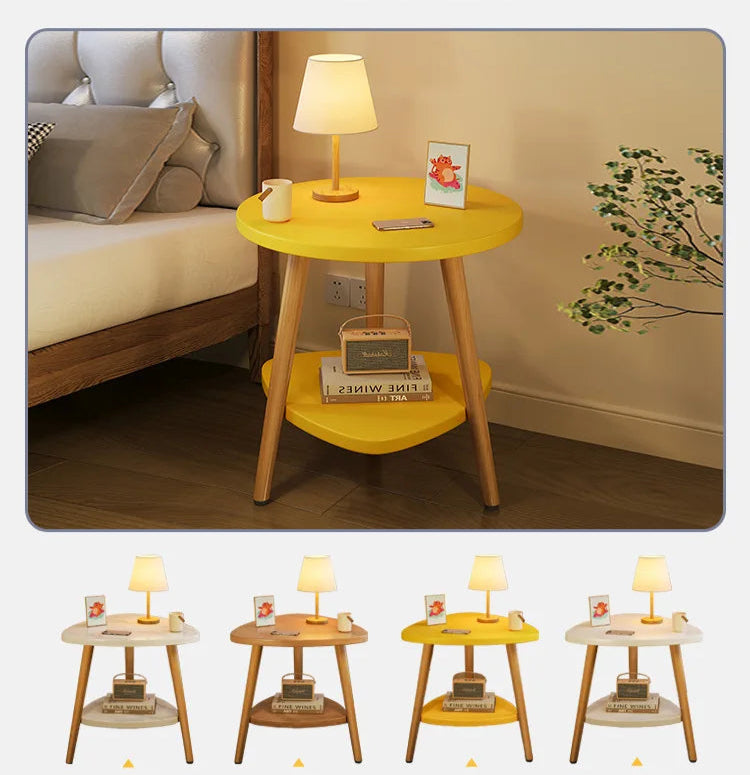 Yellow side table with shelves in a bedroom setting, featuring different color options.
