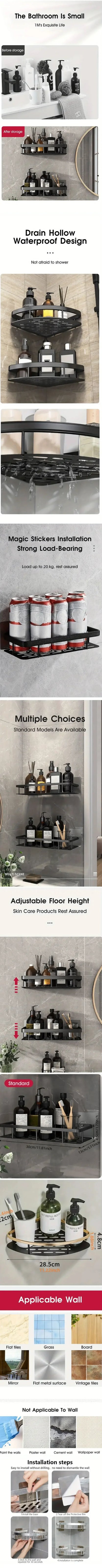 Bathroom Corner Storage Rack – Adhesive Shower Shelf